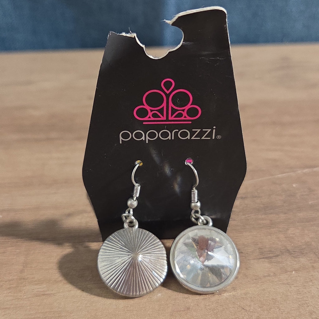 Paparazzi Rhinestone Drop Earrings Silver Sunburst Reverse Vintage