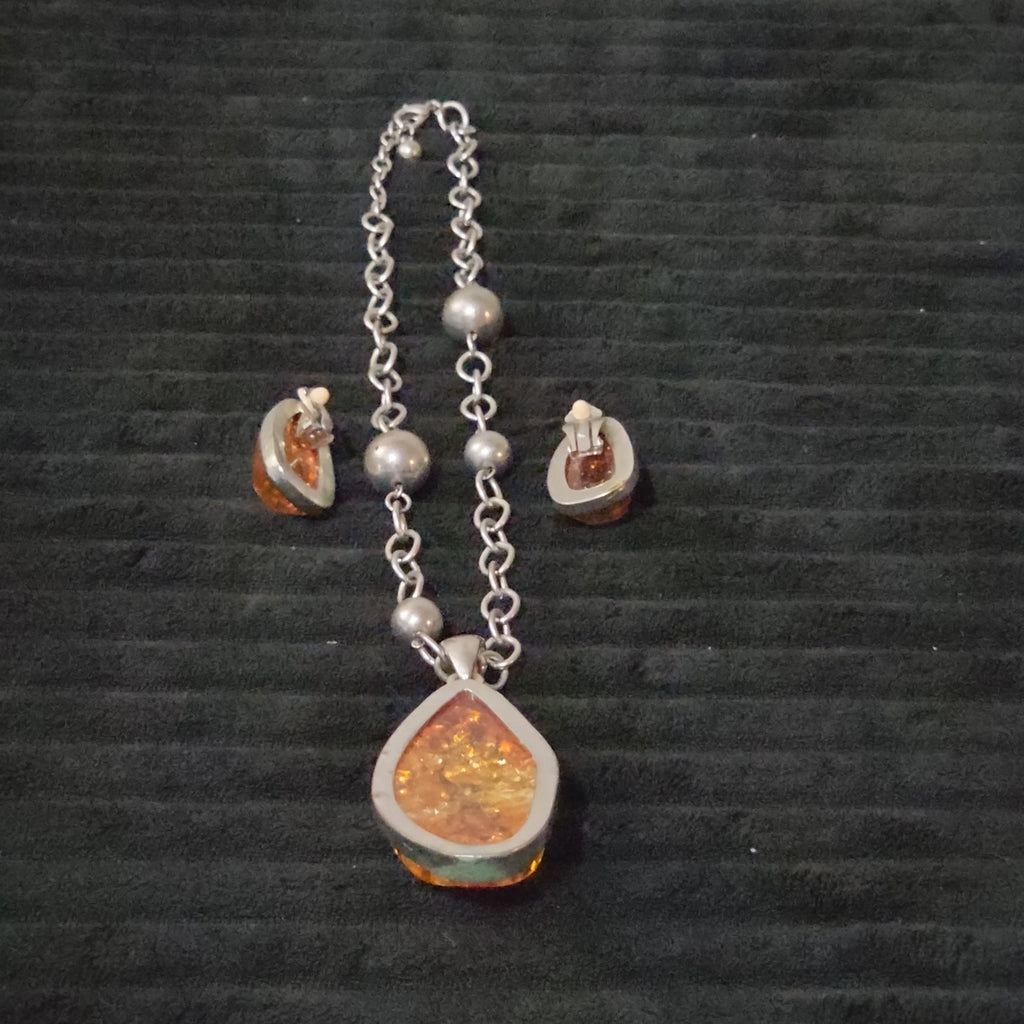 Vintage Faux Amber Necklace Clip On Earrings Set Silver Tone Teardrop Shimmer
