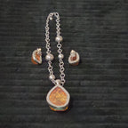 Vintage Faux Amber Necklace Clip On Earrings Set Silver Tone Teardrop Shimmer