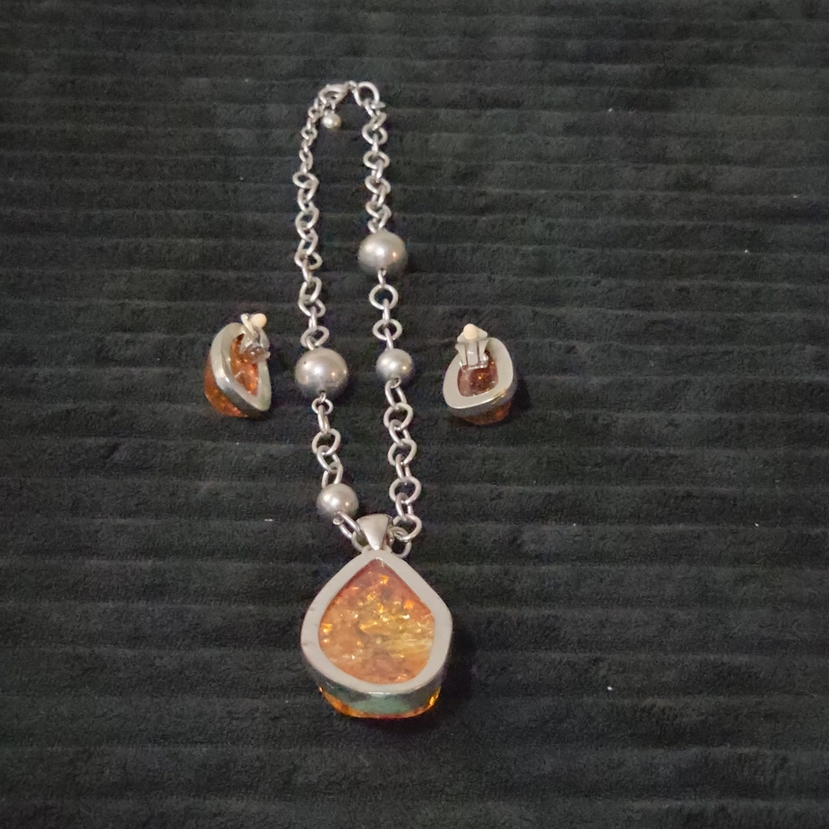 Vintage Faux Amber Necklace Clip On Earrings Set Silver Tone Teardrop Shimmer