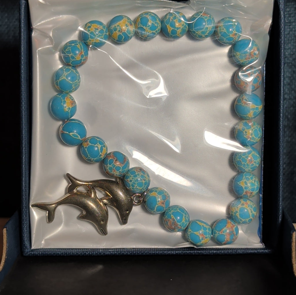 Dolphin Charm Blue Imperial Jasper 8mm Stretch Bracelet Boho NIB