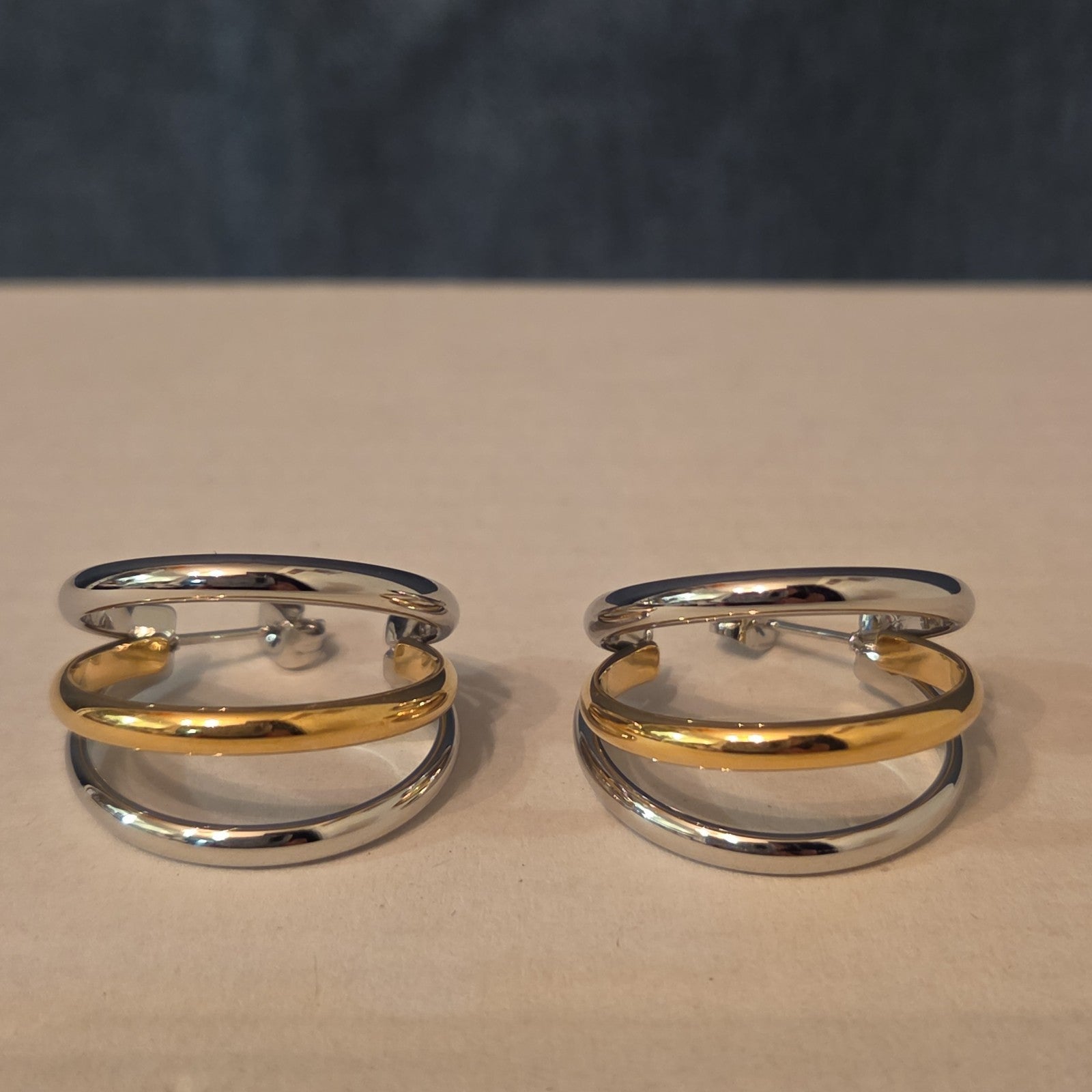 Triple Hoop Mixed Metal Gold Silver Tone Earrings Modern