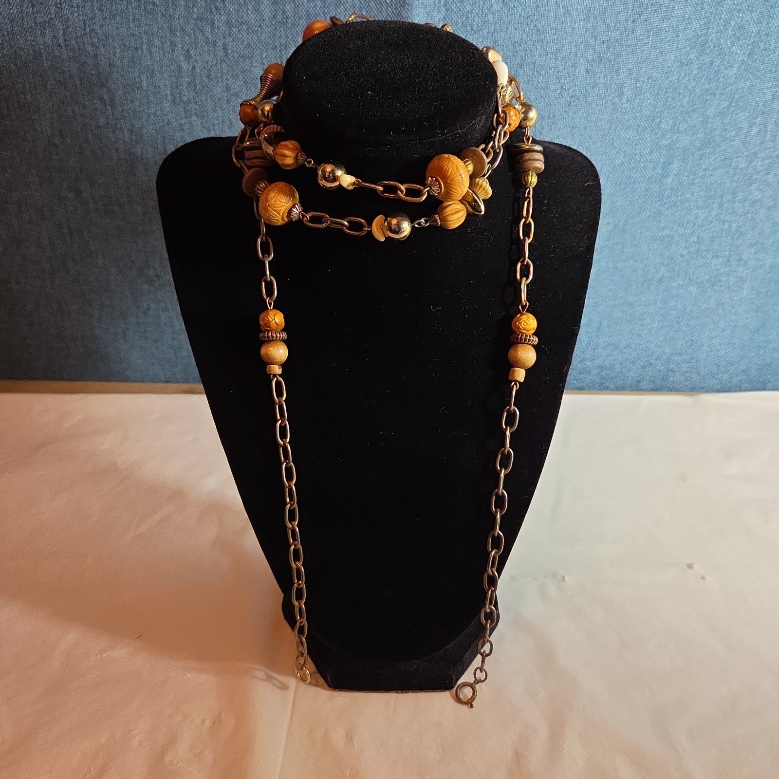 Earth Tone Bead Coppertone Chain Necklace Boho 70s Vibe