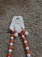 Chunky Bubblegum Bead Necklace Earring Set Orange White Retro