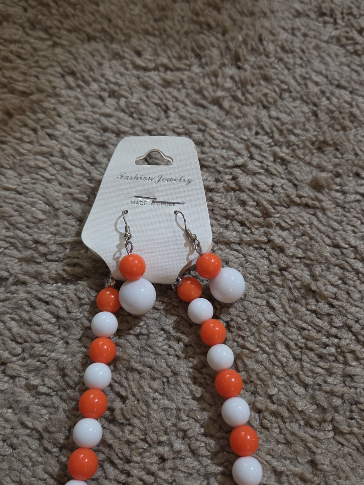 Chunky Bubblegum Bead Necklace Earring Set Orange White Retro