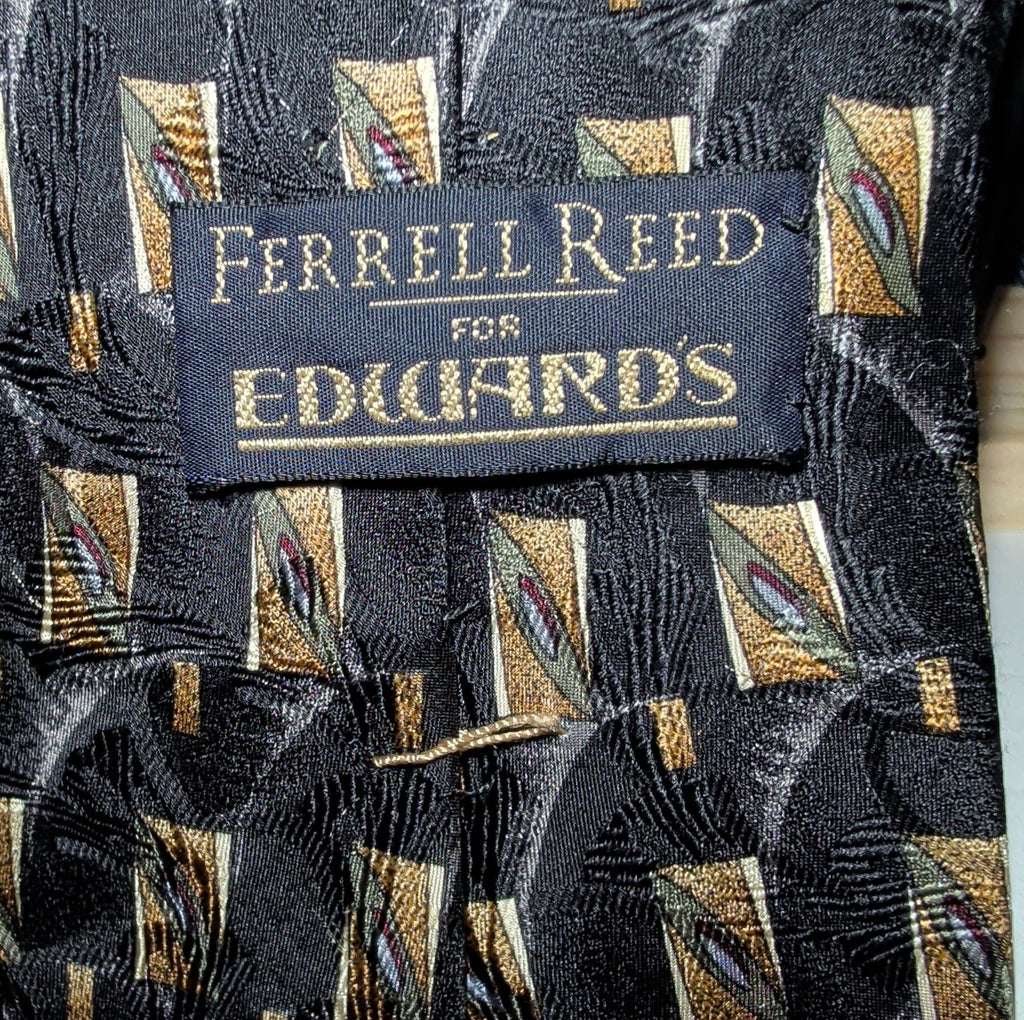Vtg Ferrell Reed for Edwards Silk Neck Tie Black Gold Geometric Art Deco 59.5