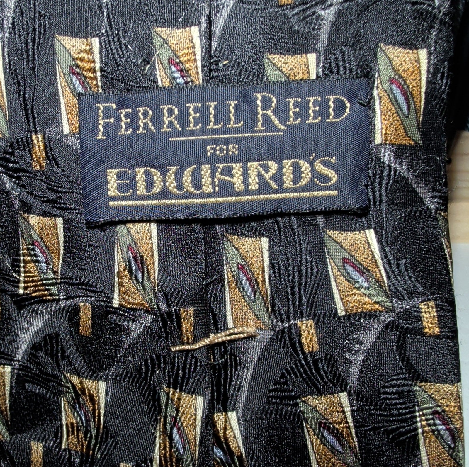 Vtg Ferrell Reed for Edwards Silk Neck Tie Black Gold Geometric Art Deco 59.5