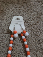 Chunky Bubblegum Bead Necklace Earring Set Orange White Retro