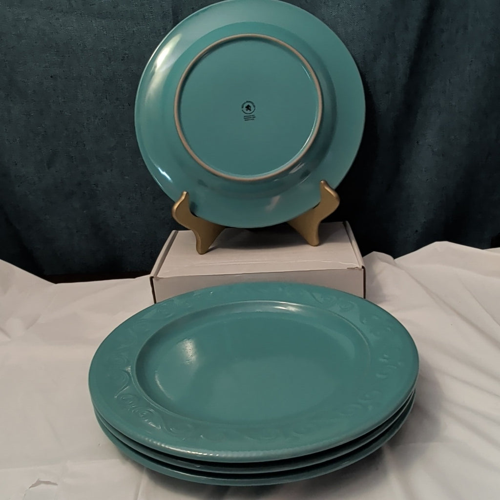 Set of 4 Royal Norfolk Dinner Plates Turquoise Teal Blue Scrolls Rim 10.5"