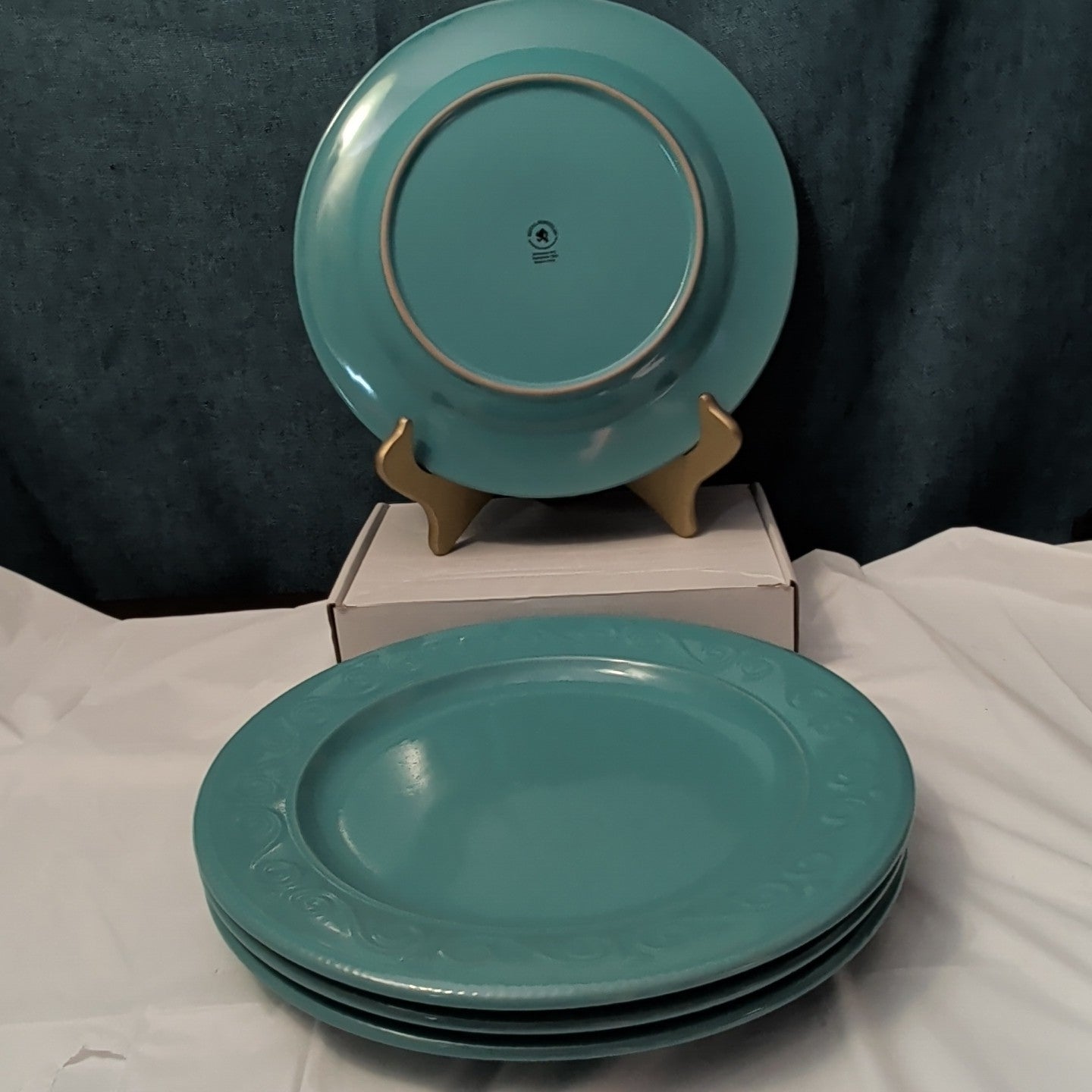 Set of 4 Royal Norfolk Dinner Plates Turquoise Teal Blue Scrolls Rim 10.5"