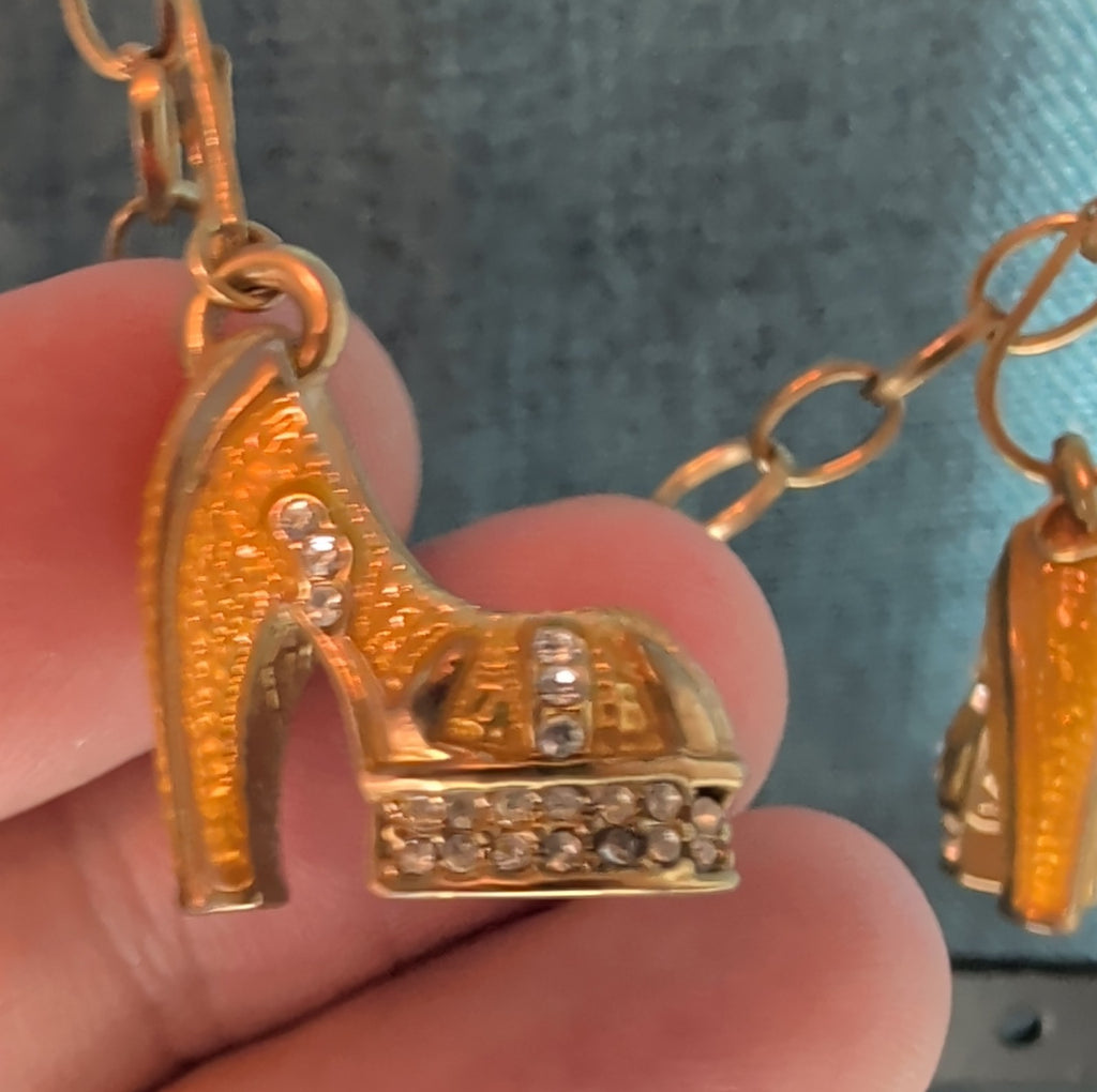 High Heel Shoe Pendant Necklace Gold Tone Rhinestone Y2K