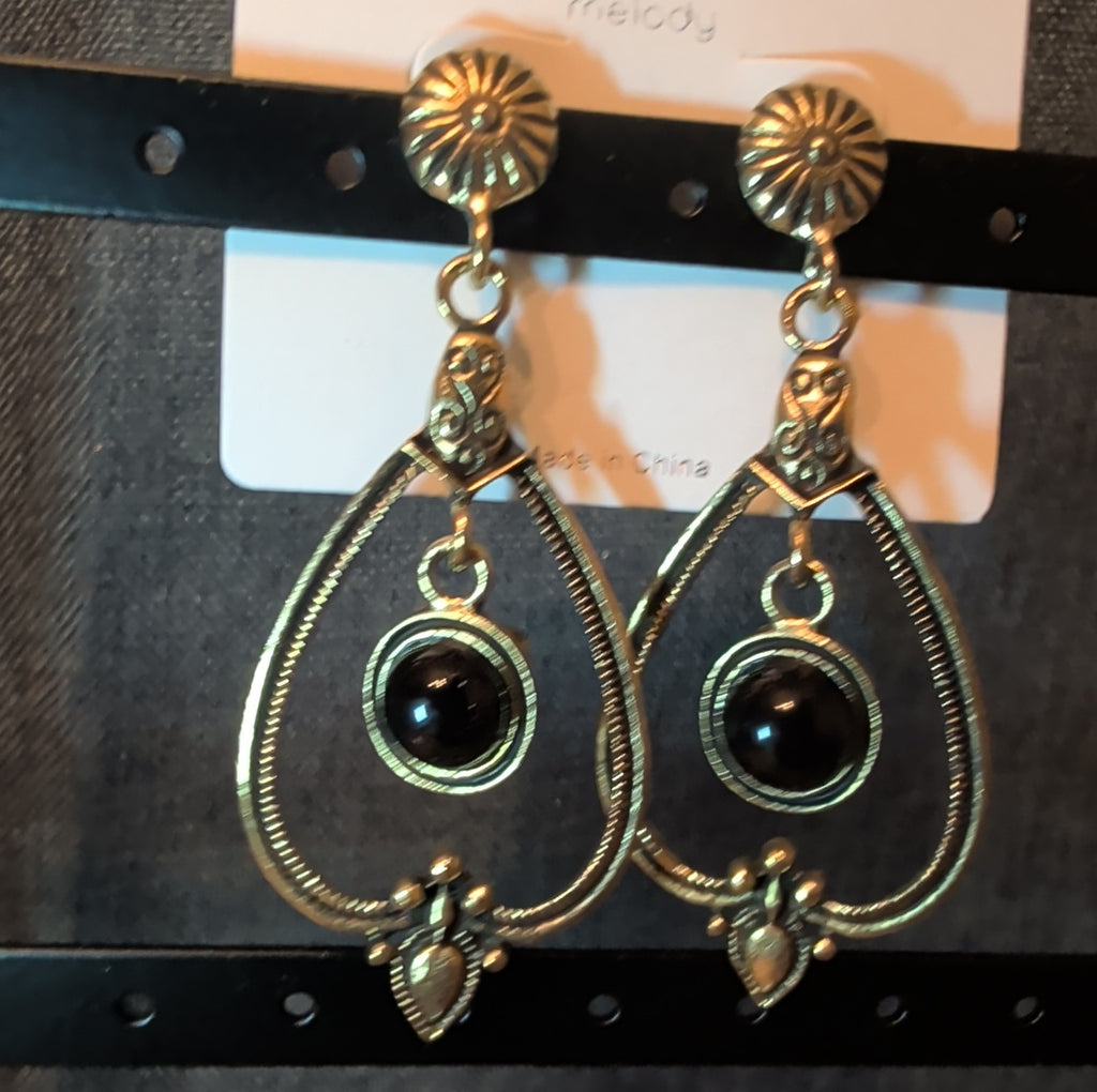 Melody Boho Western Dangle Earrings Gold Tone Black Bead Vintage Vibe