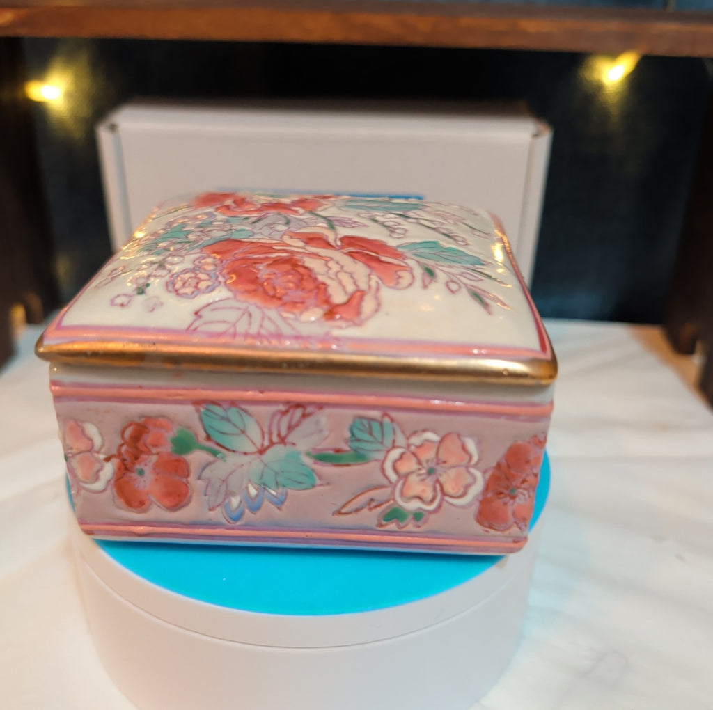 Vintage Pink Floral Porcelain Square Trinket Box Grandmillennial PreOwned