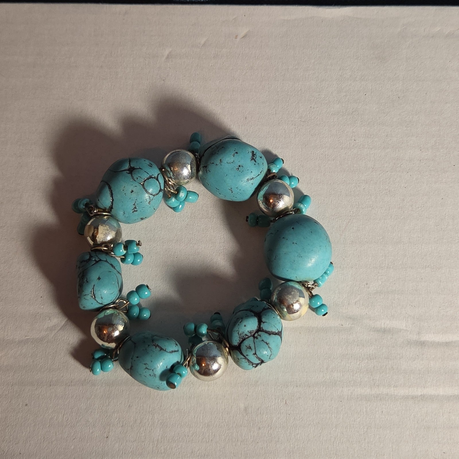 Chunky Faux Turquoise Silver Tone Stretch Bracelet Boho Y2K NWOT