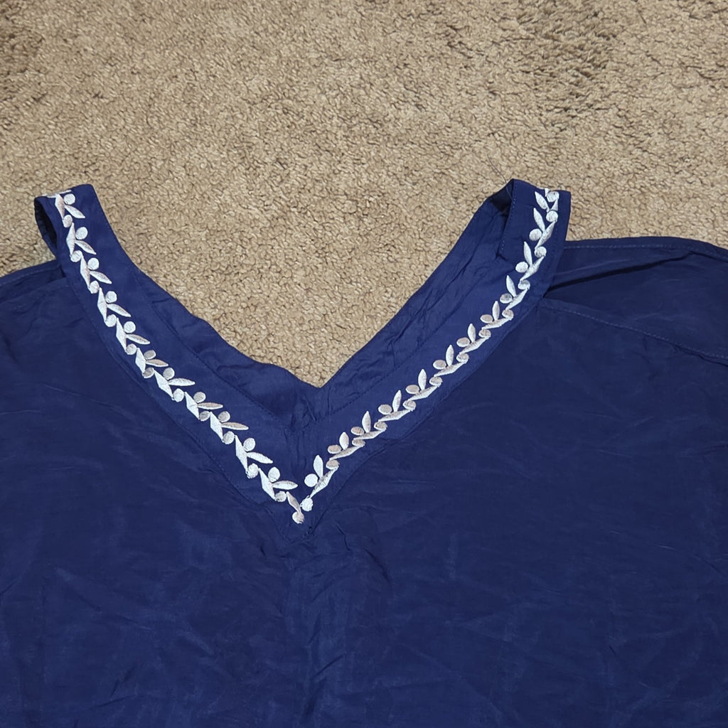 Blue Swim Cover Up Kaftan V-Neck Embroidered Vacation OS