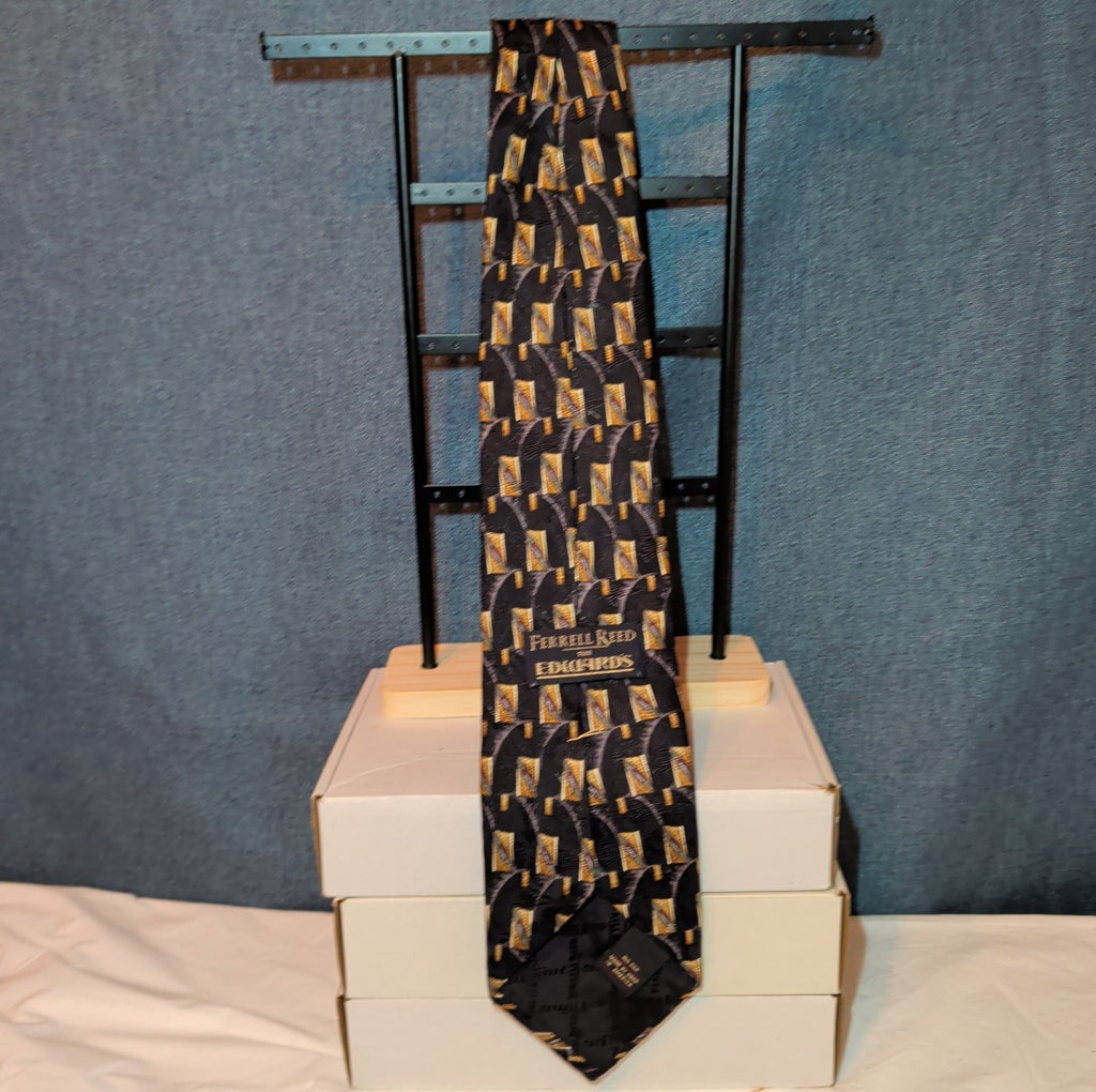 Vtg Ferrell Reed for Edwards Silk Neck Tie Black Gold Geometric Art Deco 59.5