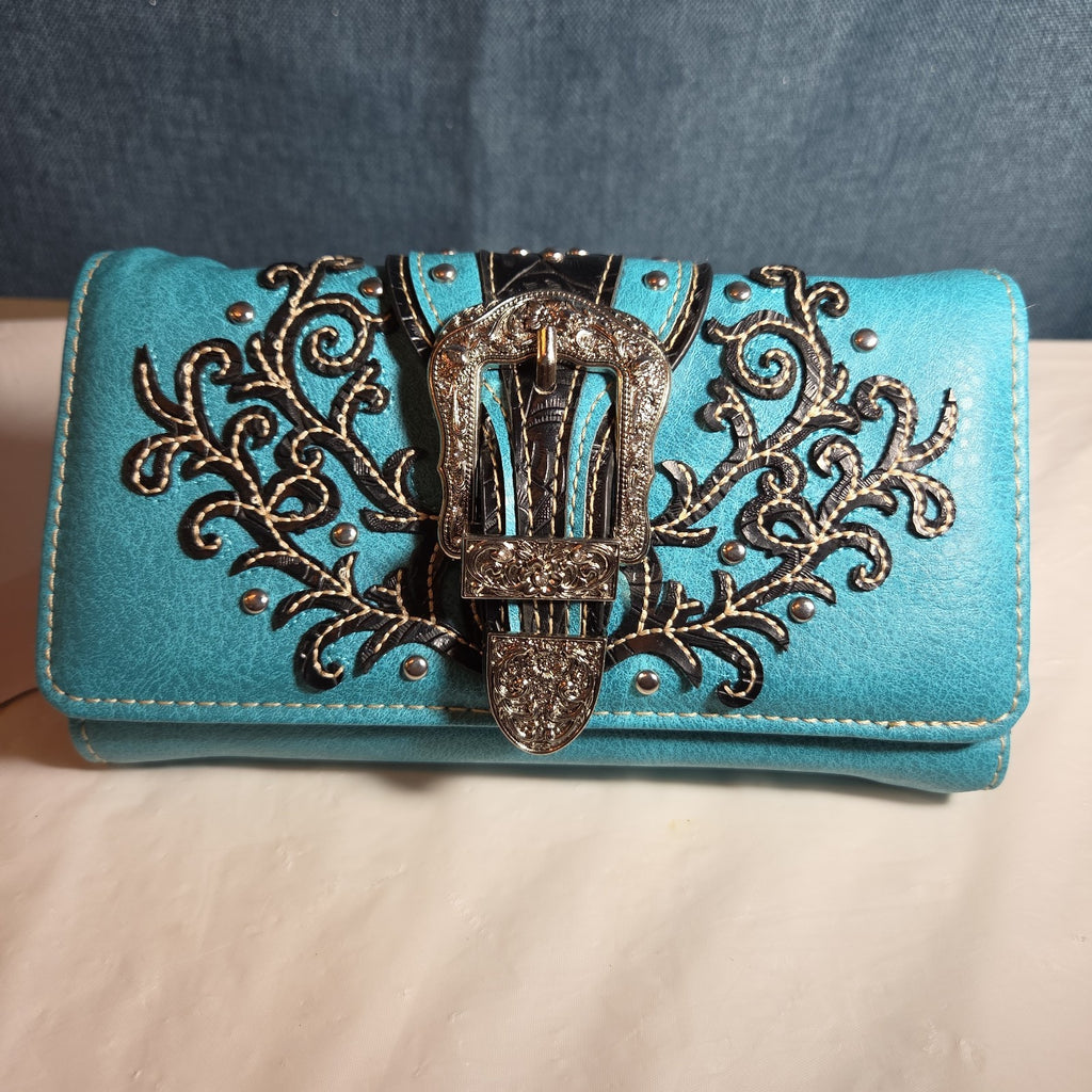 Turquoise Western Buckle Floral Trifold Crossbody Wallet NWT