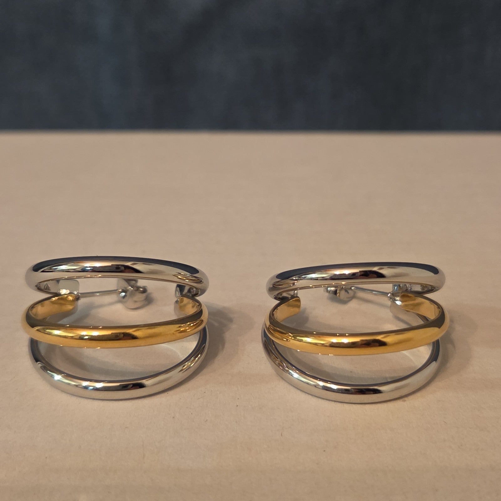 Triple Hoop Mixed Metal Gold Silver Tone Earrings Modern