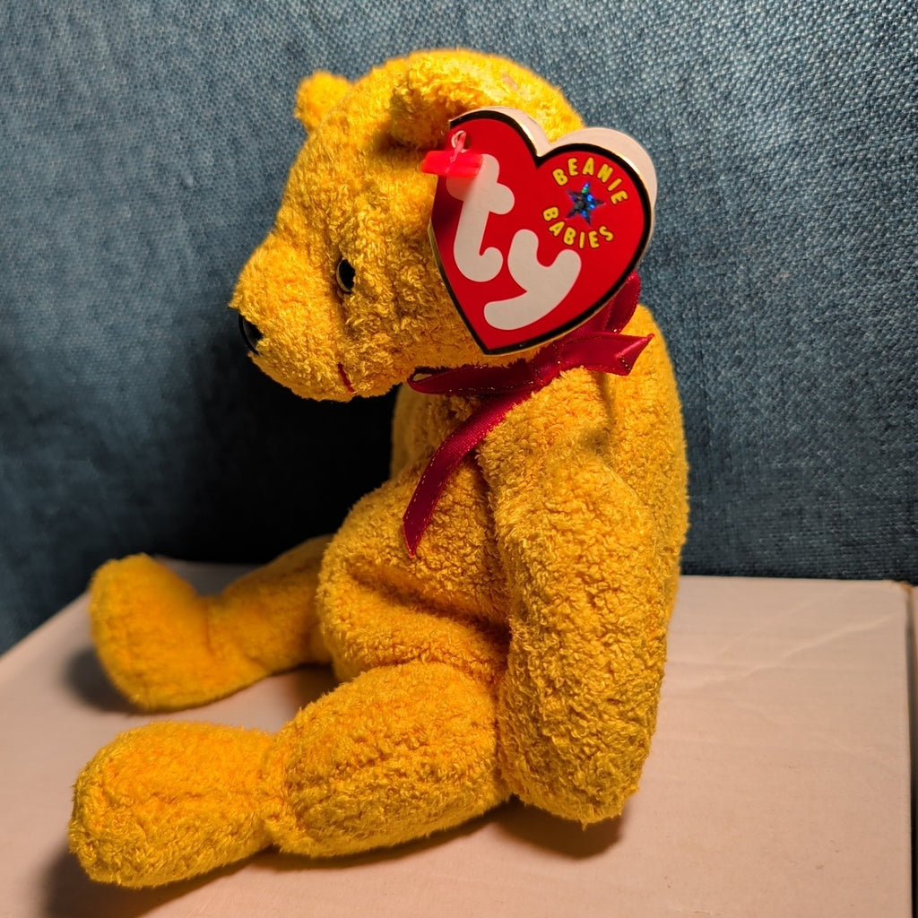 Ty Beanie Baby POOPSIE THE BEAR | 2001 Retired MWMT | Vintage Yellow Teddy Bear