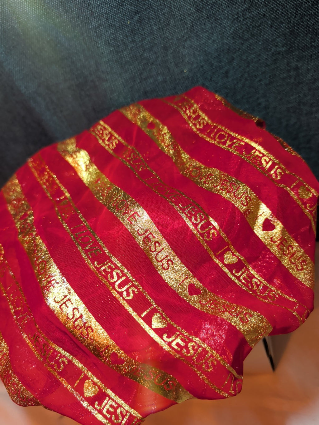 I Love Jesus Satin Hair Bonnet Sleep Cap Red Gold Glitter OS Made in USA
