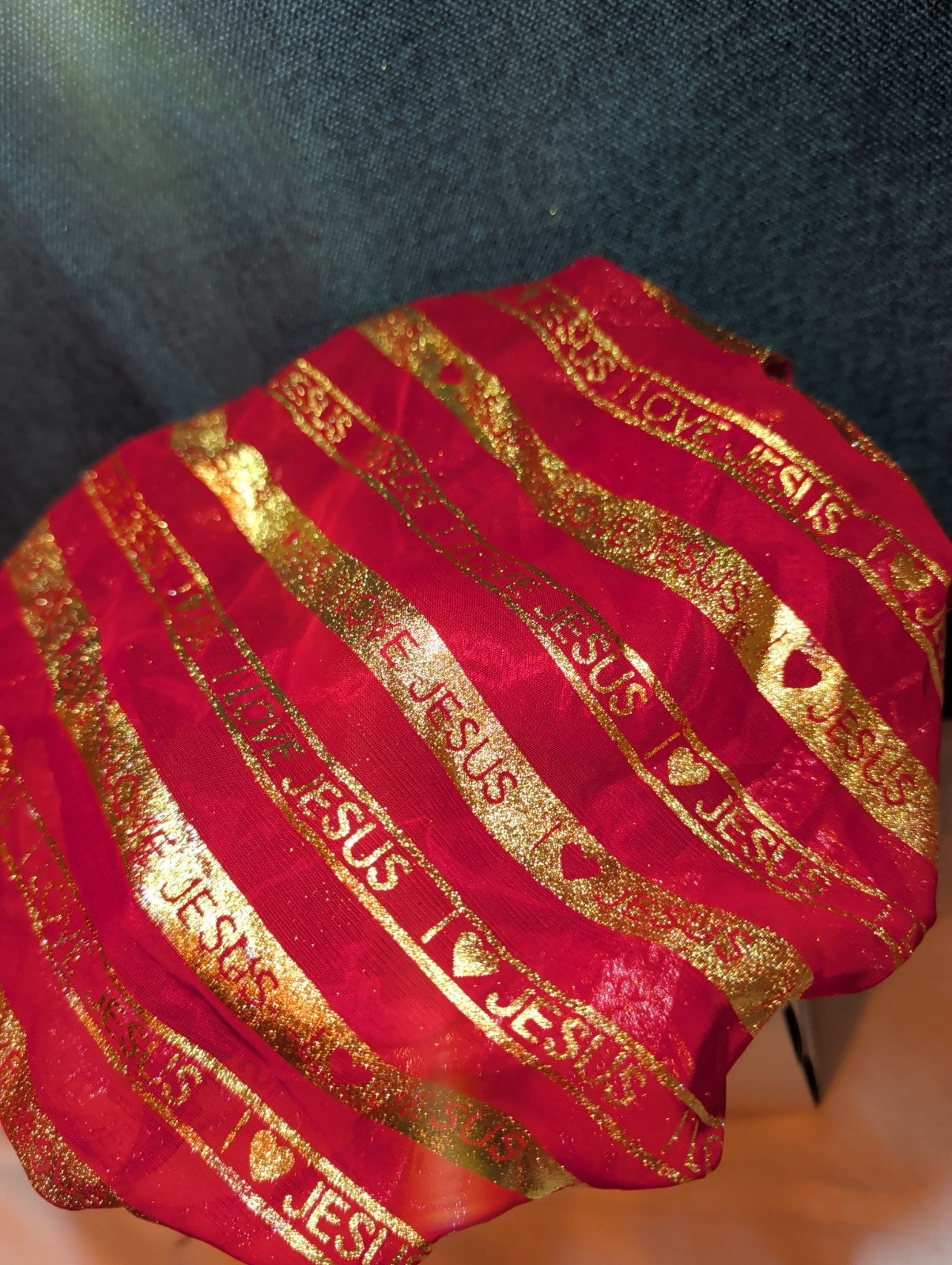 I Love Jesus Satin Hair Bonnet Sleep Cap Red Gold Glitter OS Made in USA