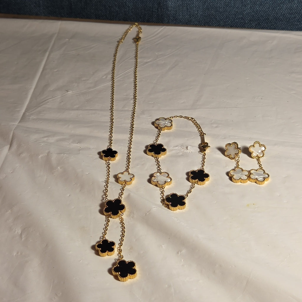 3PC Jewelry Set Black White Gold Tone Necklace Bracelet Earrings