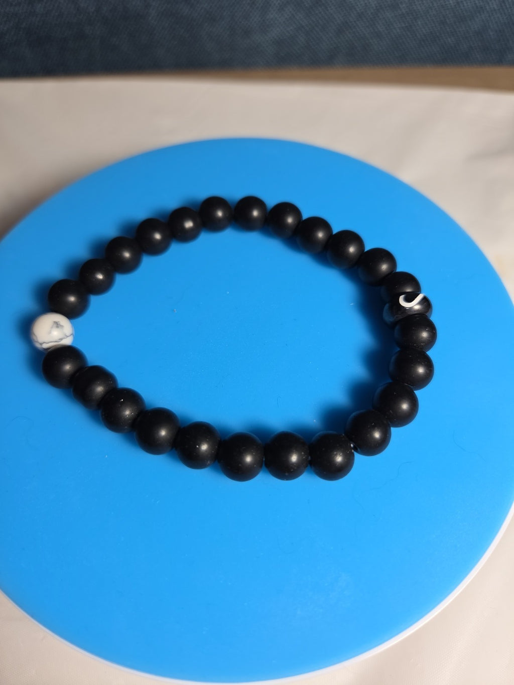 Natural Stone Bead Stretch Bracelet Matte Black White Howlite