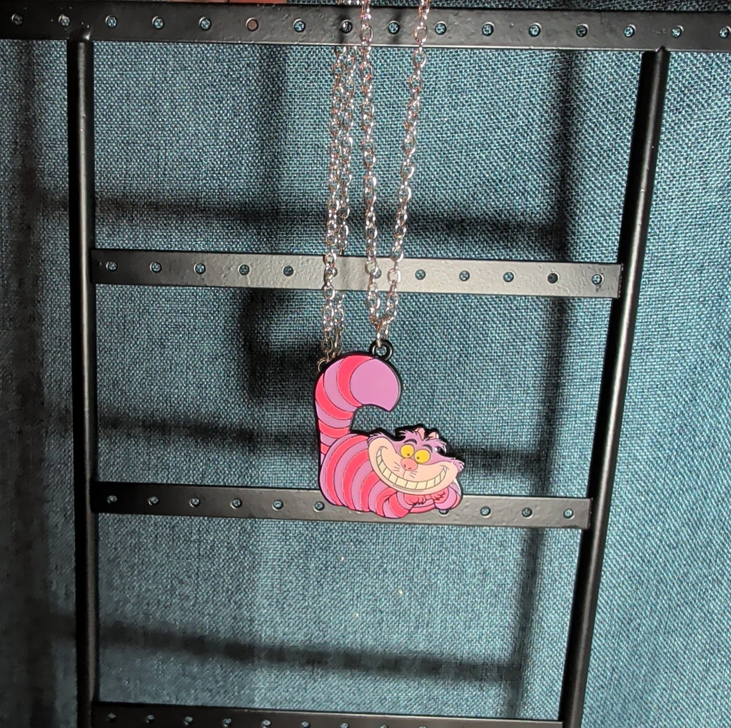 Cheshire Cat Necklace Pink Enamel Silver Tone Pop Culture