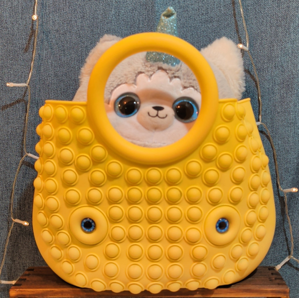 Large Yellow Pop Fidget Toy Silicone Handbag Tote Blue Eyes Kidcore