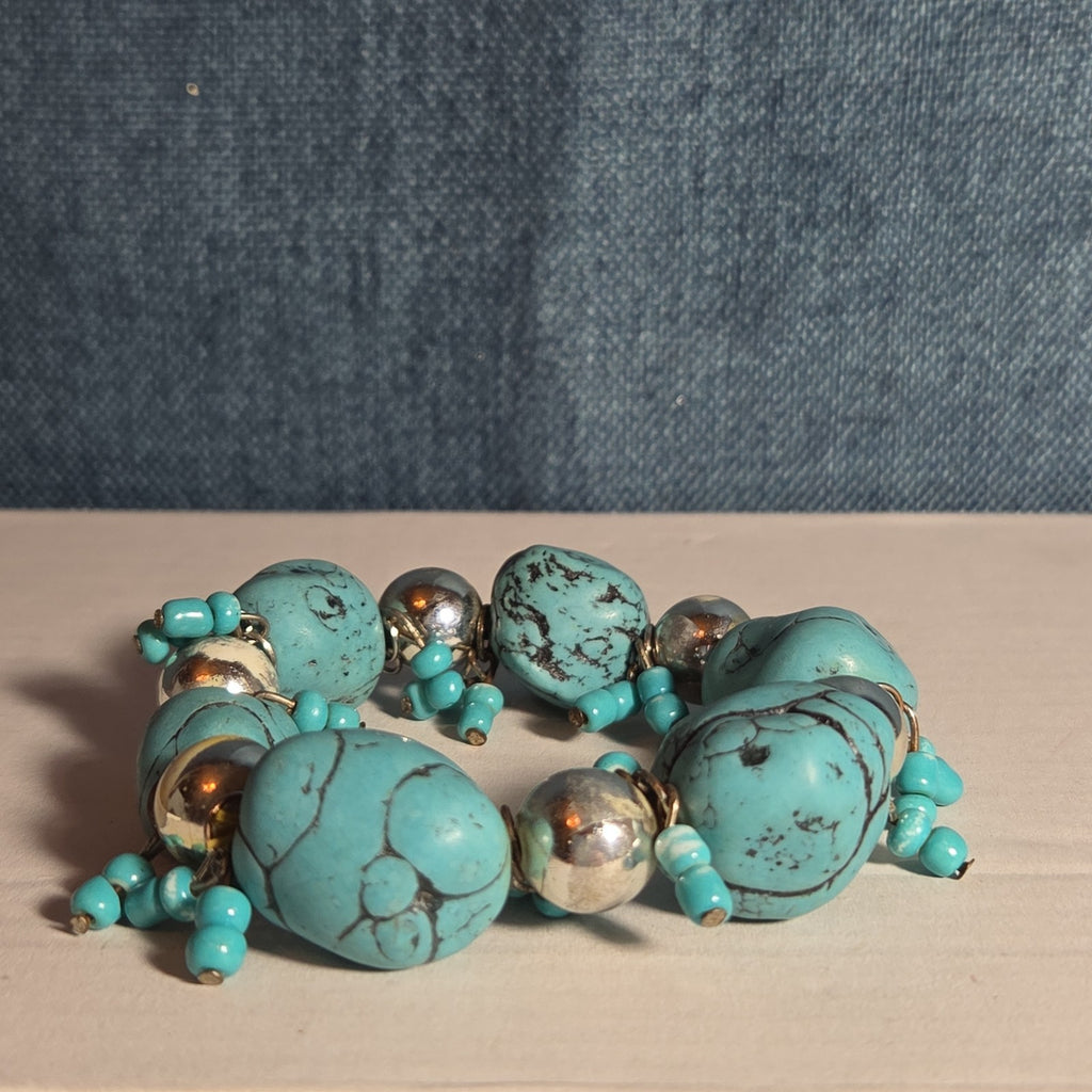 Chunky Faux Turquoise Silver Tone Stretch Bracelet Boho Y2K NWOT