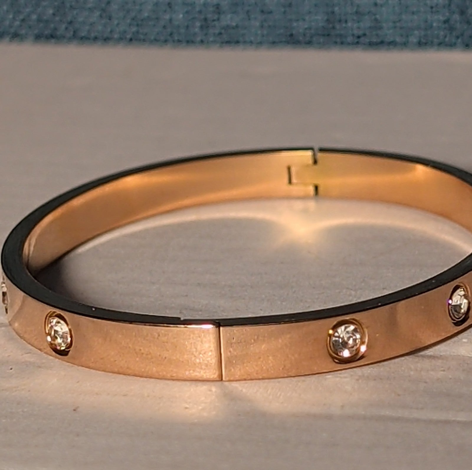 Hinged Bangle Copper Rose Gold Tone Rhinestone