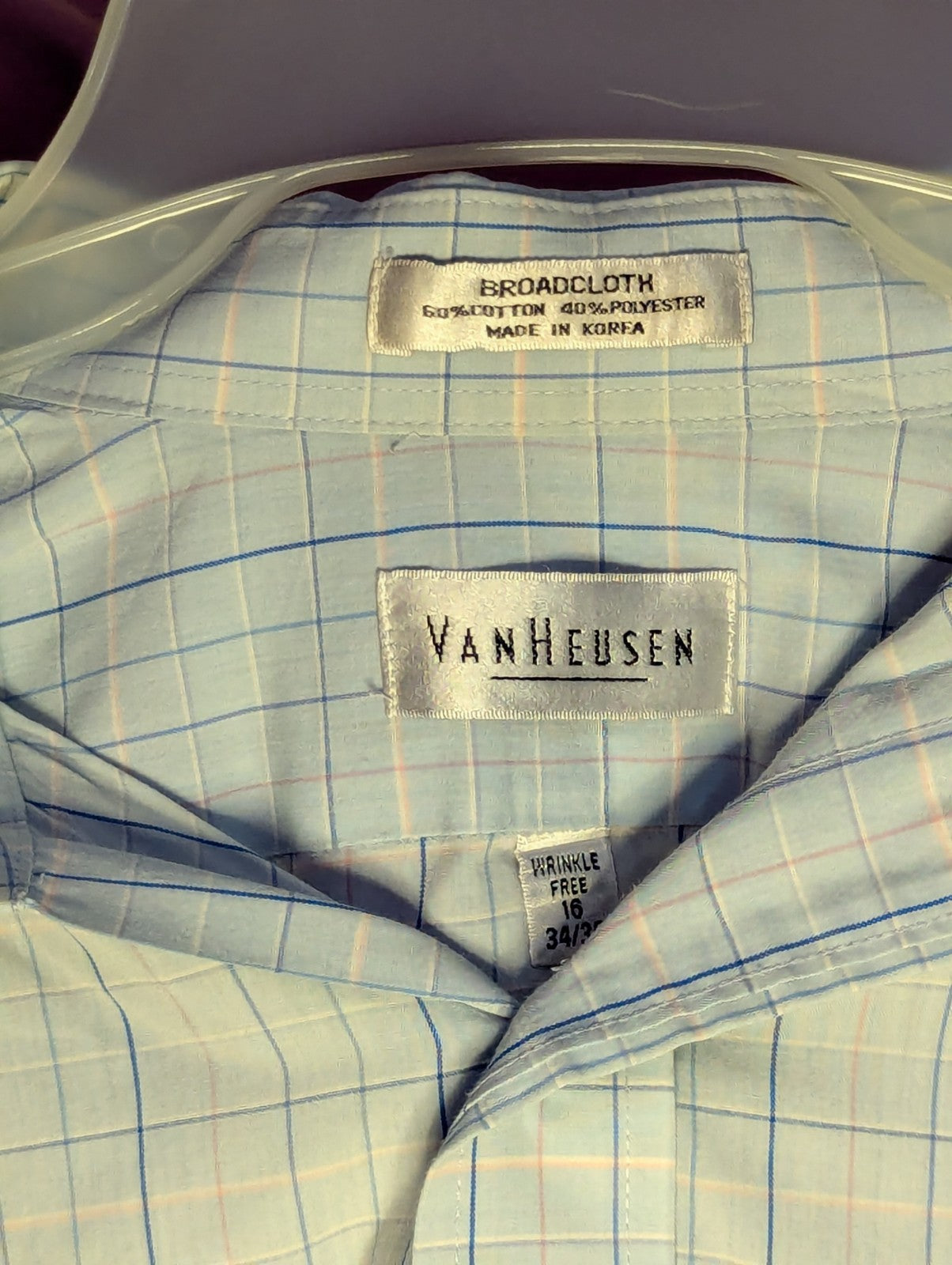 Van Heusen Wrinkle Free Broadcloth Dress Shirt Men's 16 (34/35) Light Blue Plaid