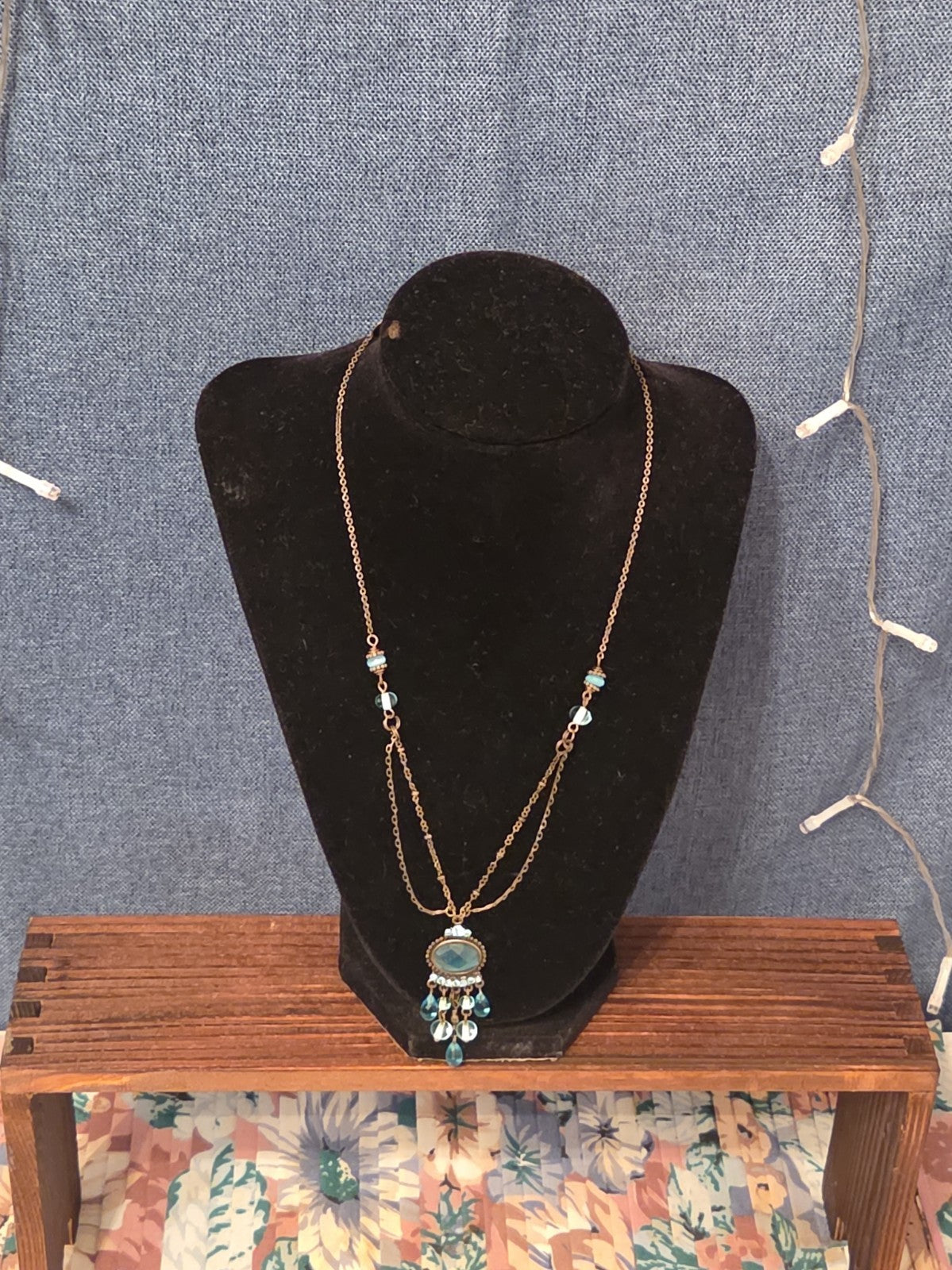 Lia Sophia Blue Bead Double Loop Necklace Antique Gold Tone Boho