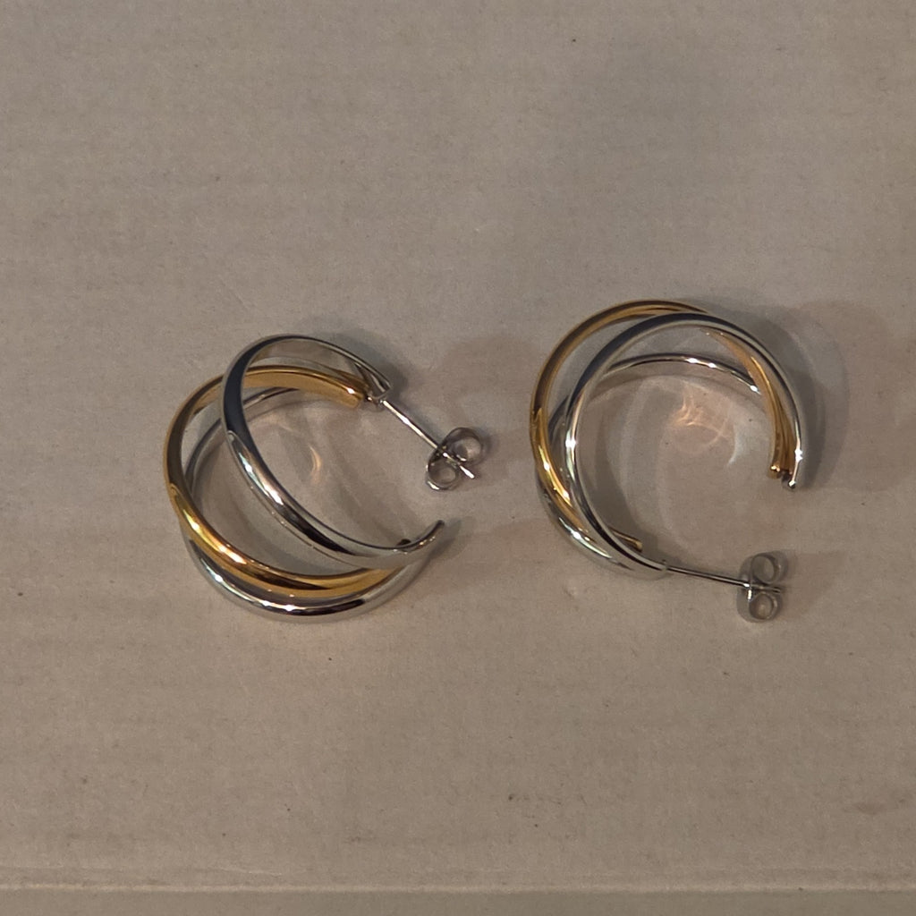 Triple Hoop Mixed Metal Gold Silver Tone Earrings Modern