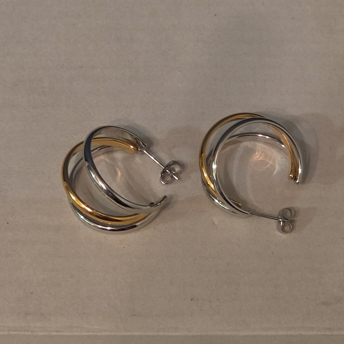 Triple Hoop Mixed Metal Gold Silver Tone Earrings Modern