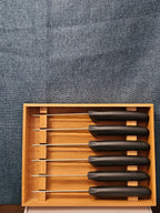 6 Gibson Steak Knives | 4.5" Serrated Stainless Steel | Wood Storage Block Tray