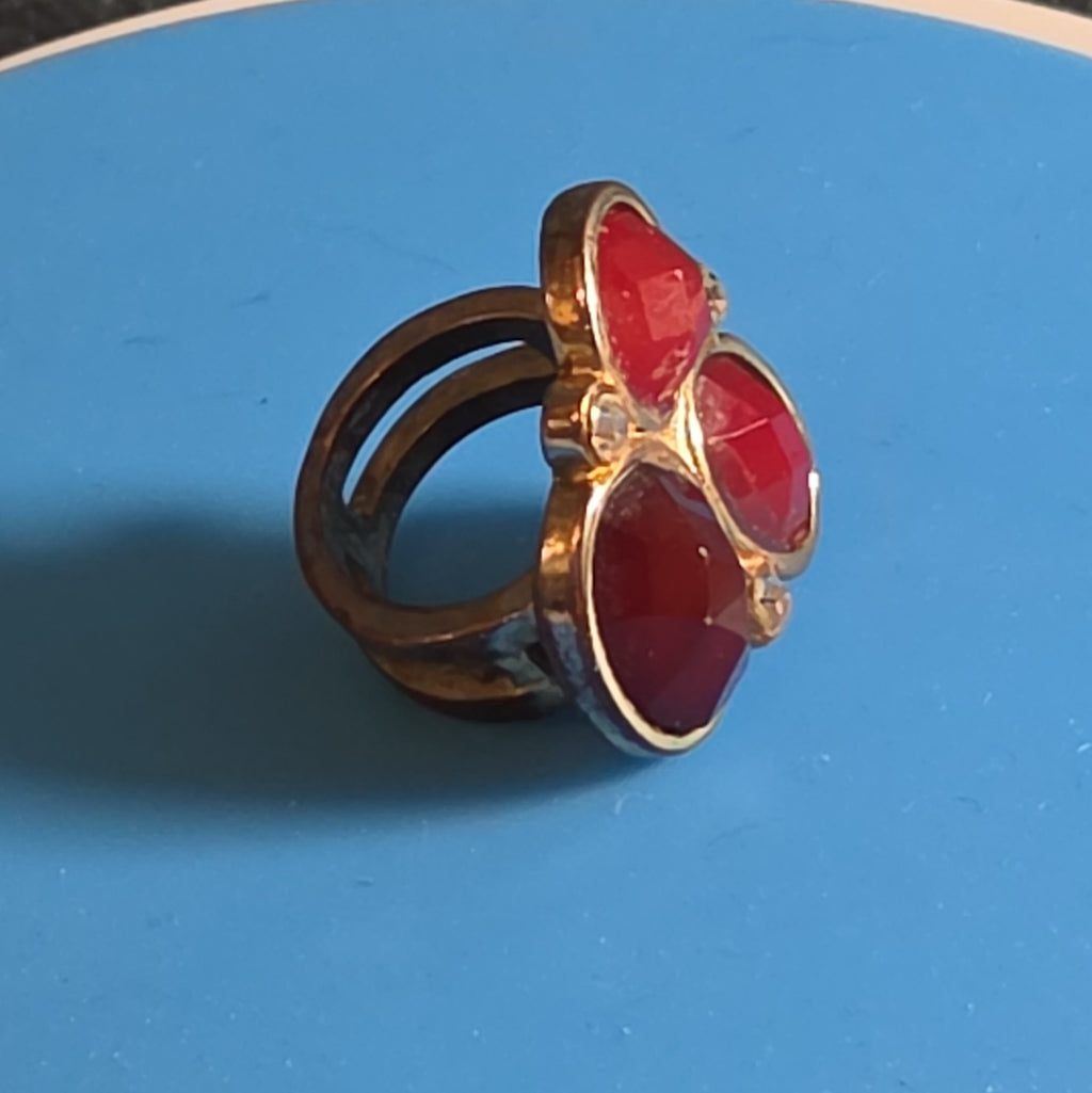 Red Gemstone Cluster Ring Gold Tone Statement Size 8.5