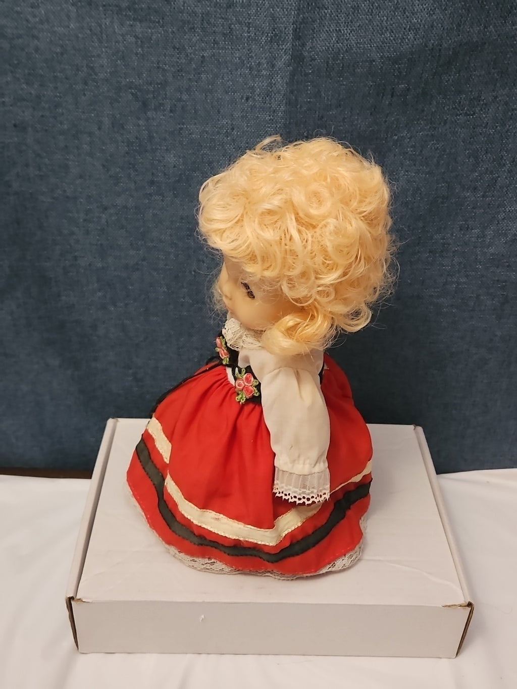 Vintage Heritage Doll Piggy Bank European Folk Costume Blonde Curls Aged Charm
