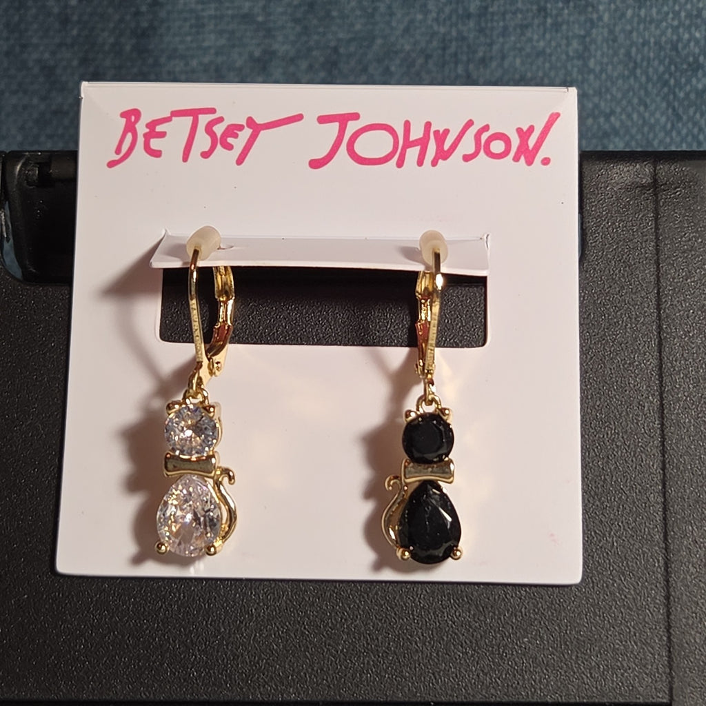 Betsey Johnson Mismatched Cat CZ Drop Earrings
