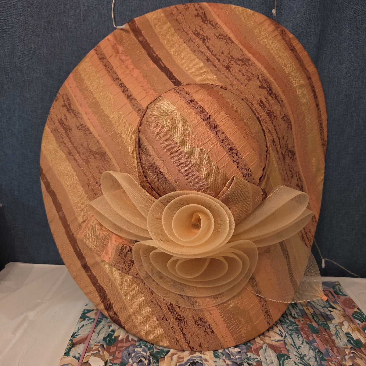 Ashro Wide Brim Derby Hat Peach Striped Mesh Flower