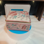 Vintage Pink Floral Porcelain Square Trinket Box Grandmillennial PreOwned