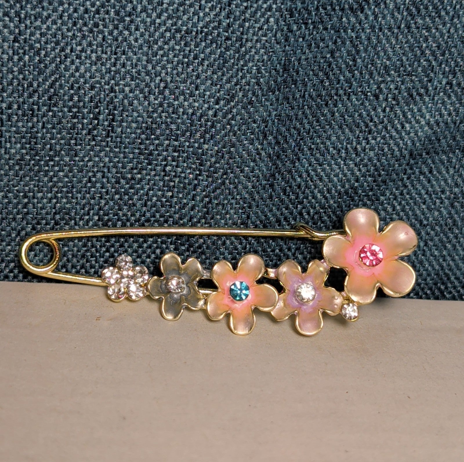 Floral Safety Pin Brooch Enamel Rhinestone Cottagecore PreOwned