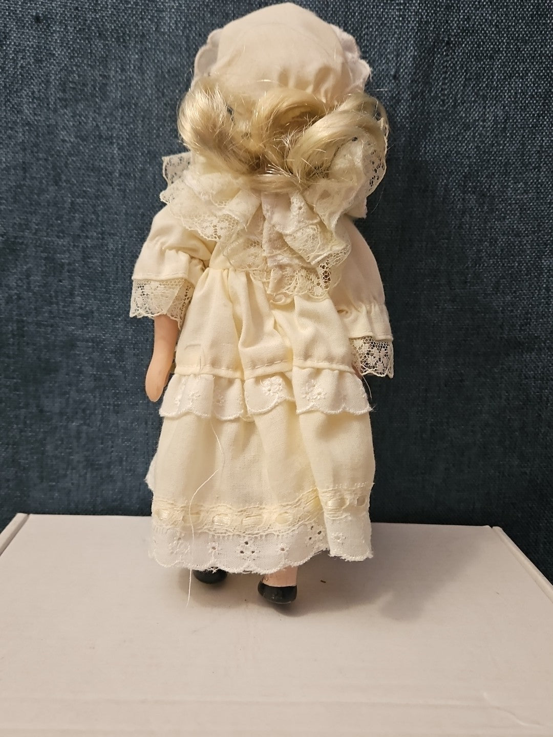 Vintage 8" Porcelain Doll | Blonde with Bonnet & Ruffled Dress
