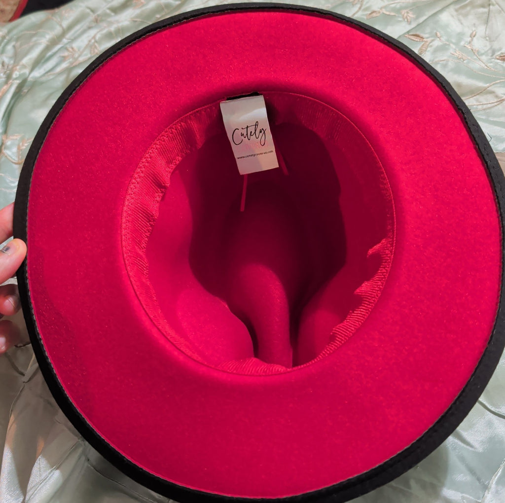 Cutely Covered Pink Bottom Black Cowboy Hat Felt Wide Brim Fedora Medium Used