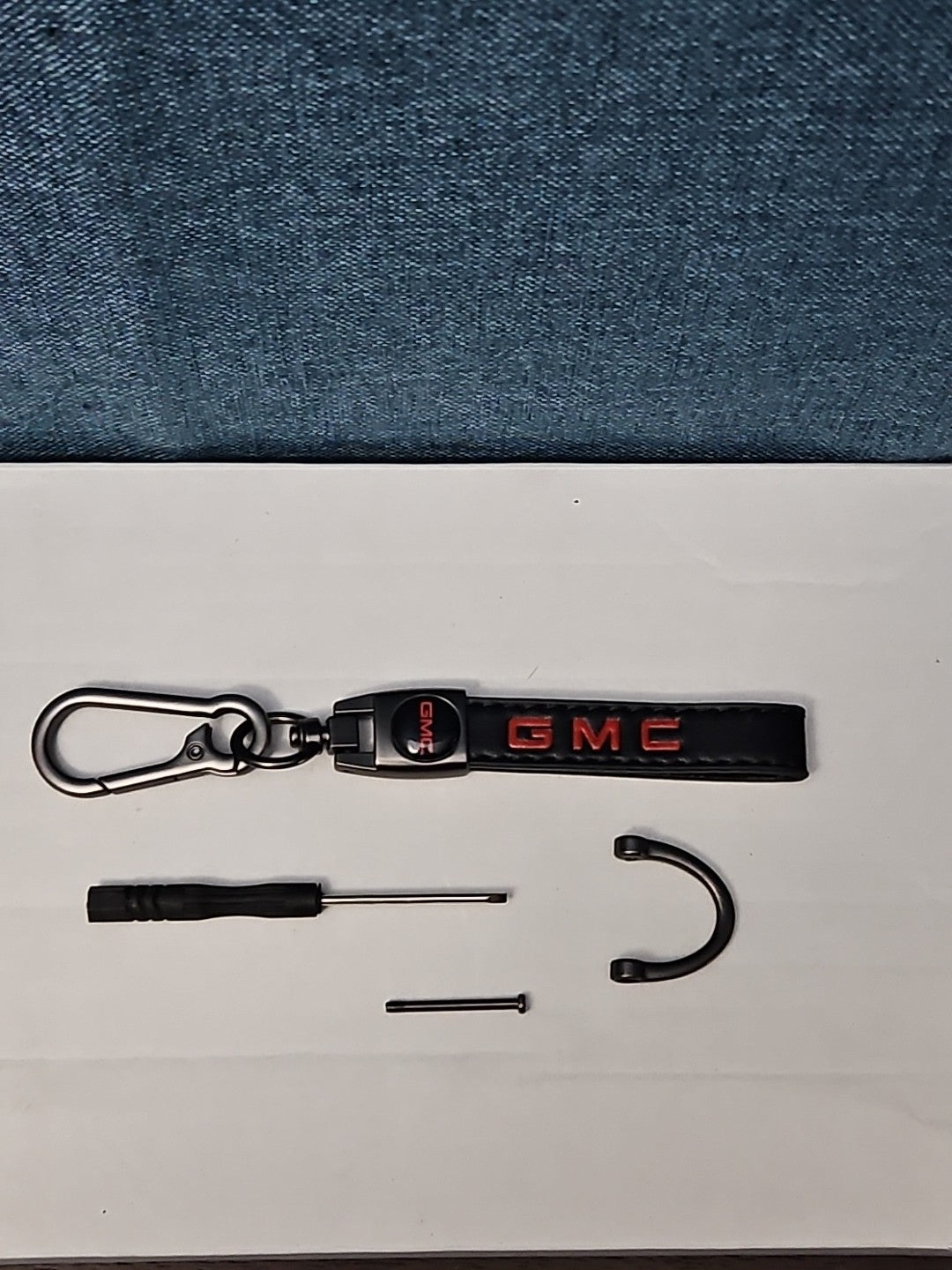 Genuine Leather GMC Car Keychain Set | Black Metal Key Ring Screwdriver Included