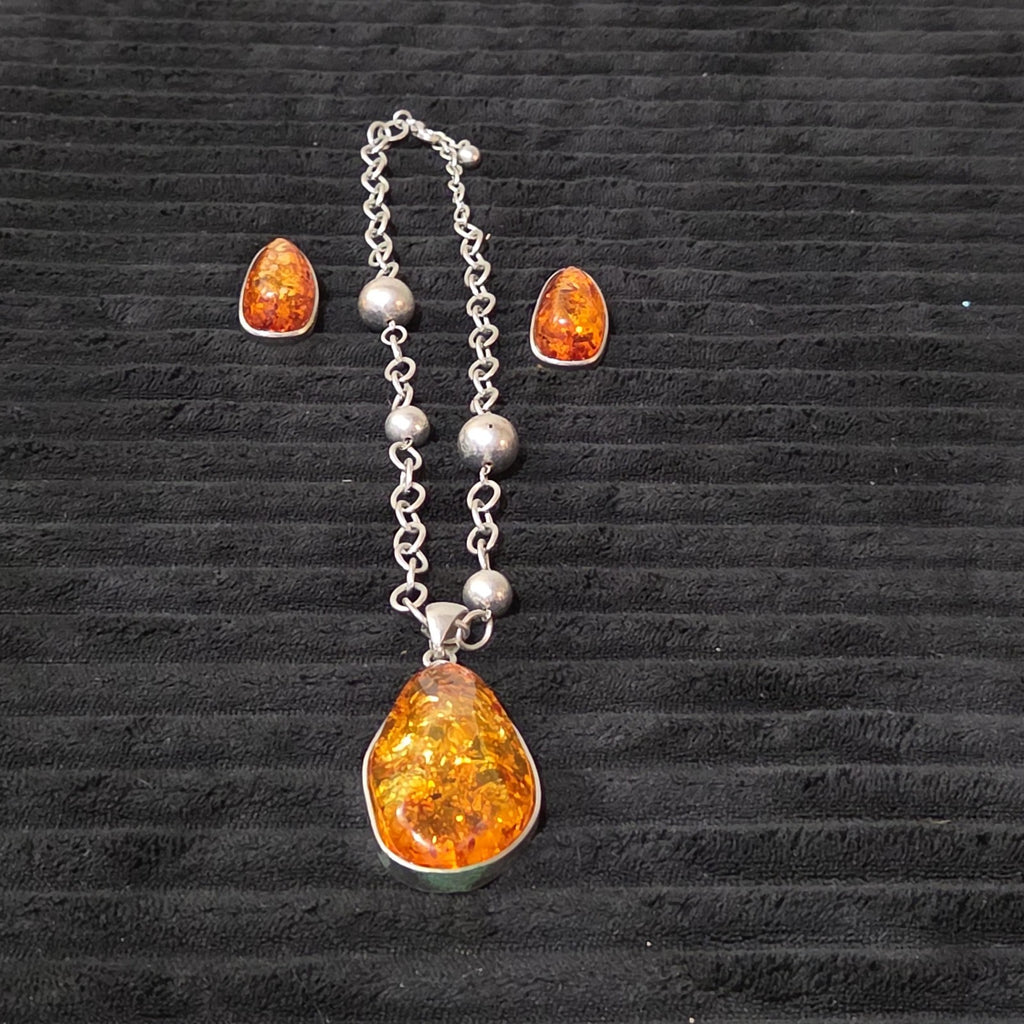 Vintage Faux Amber Necklace Clip On Earrings Set Silver Tone Teardrop Shimmer