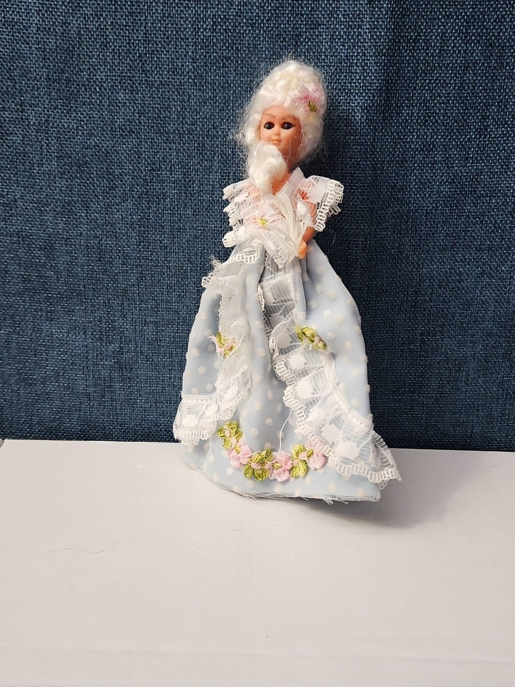 Vintage 5.5" Costume Doll | Blue Polka Dot Rococo Dress | Hard Plastic Souvenir