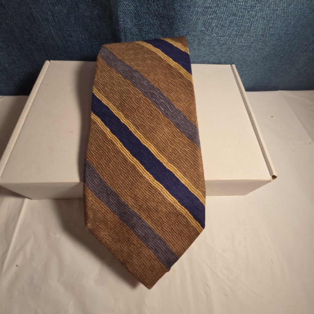 J.Z. Richards Silk Tie Edwards Michigan Brown Blue Stripe Frayed As Is Vest Tie