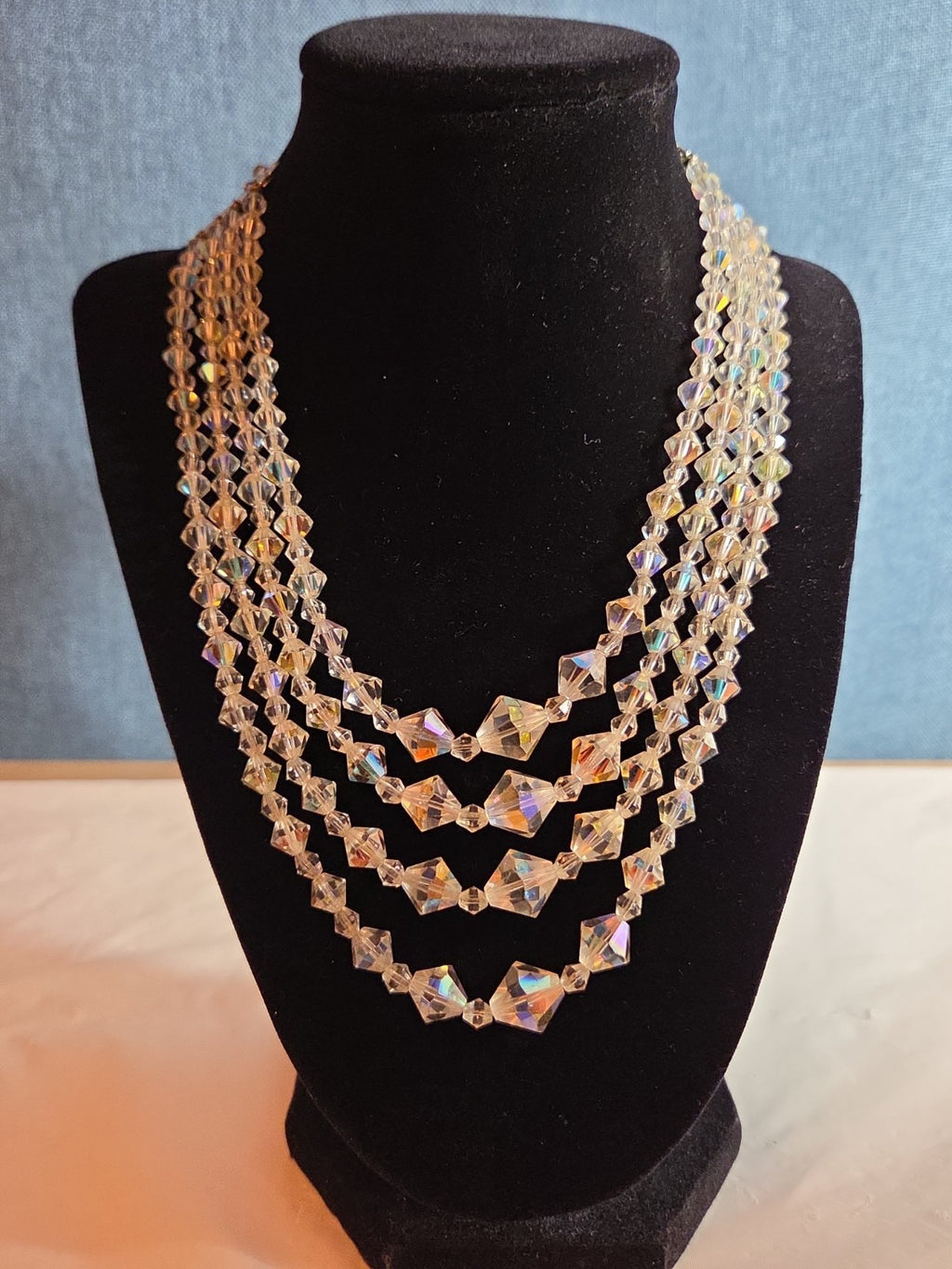 Deltah 4-Strand Aurora Borealis Crystal Necklace Vintage Glam