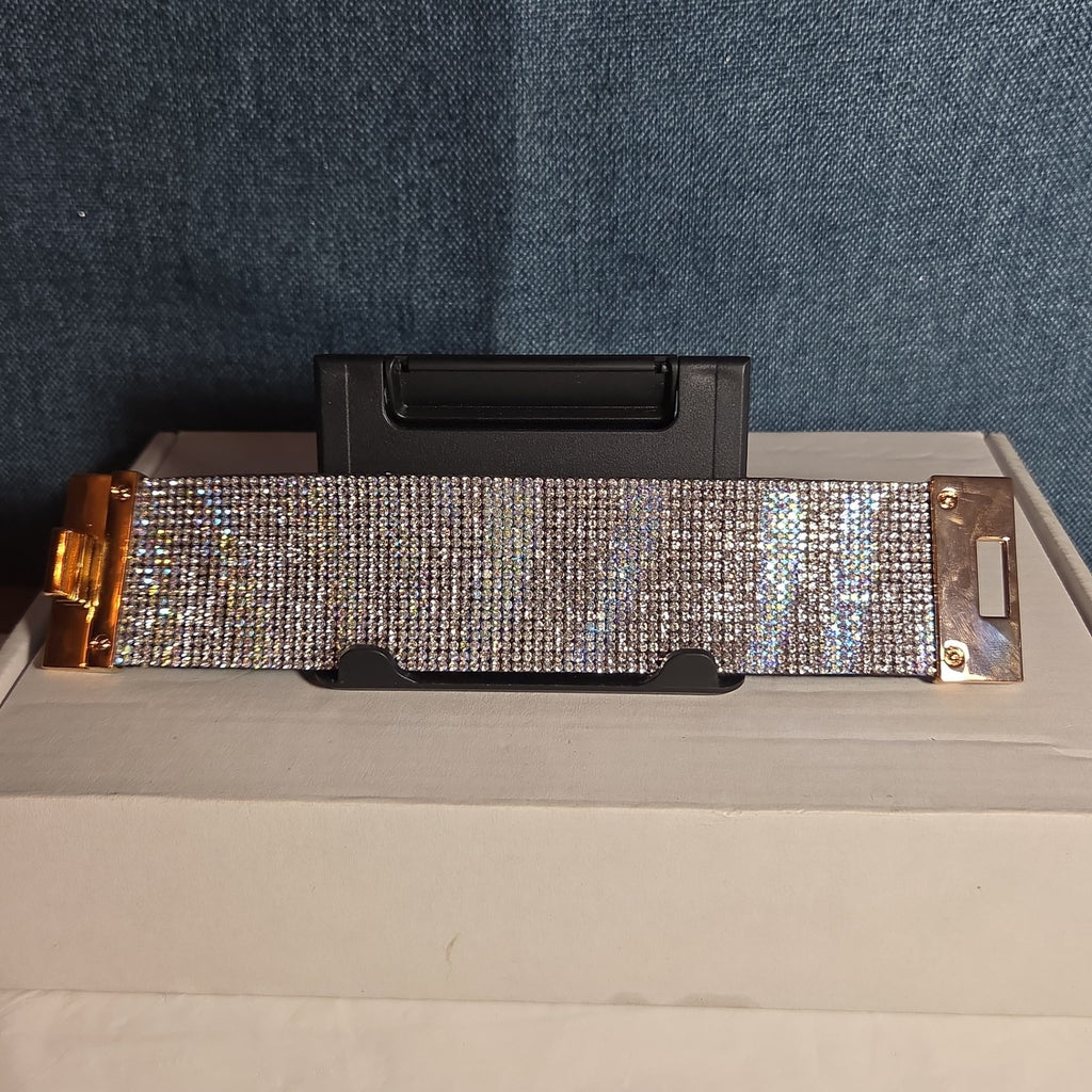 Rhinestone Wide Cuff Bracelet AB Crystal Gold Tone Y2K Glam Style NWOT